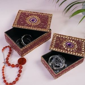 NWT Handcrafted Set of 2 Golden Metallic Beaded Decorated Nested Boxes
